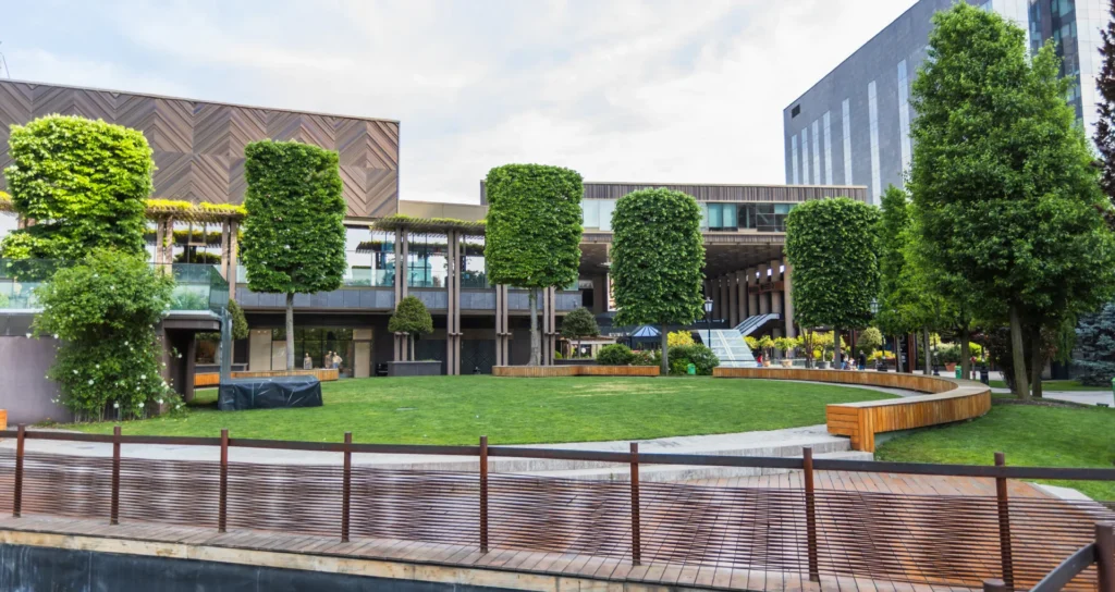 Commercial landscaping design featuring manicured lawns, modern architecture, and decorative trees, emphasizing outdoor space preparation for patio installation in Massachusetts.