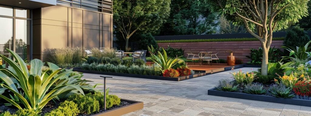 Meticulously designed outdoor space featuring lush landscaping, decorative plants, and a wooden deck area, illustrating effective drainage solutions for retaining walls.
