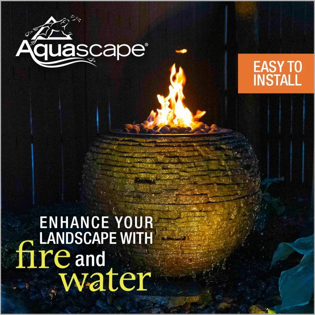 Aquascape water feature with fire and water elements, showcasing a stone basin with flames and flowing water, emphasizing landscape enhancement and easy installation.