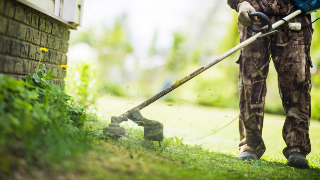 Person using a string trimmer for lawn maintenance near a house, demonstrating seasonal lawn care services for enhancing curb appeal.