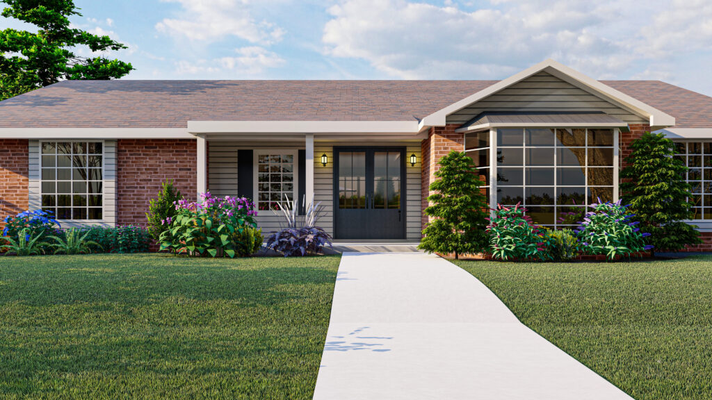 Home exterior with landscaped garden, featuring colorful flowers, shrubs, and a clear pathway, representing professional yard cleanup and enhancement services in Burlington, MA.