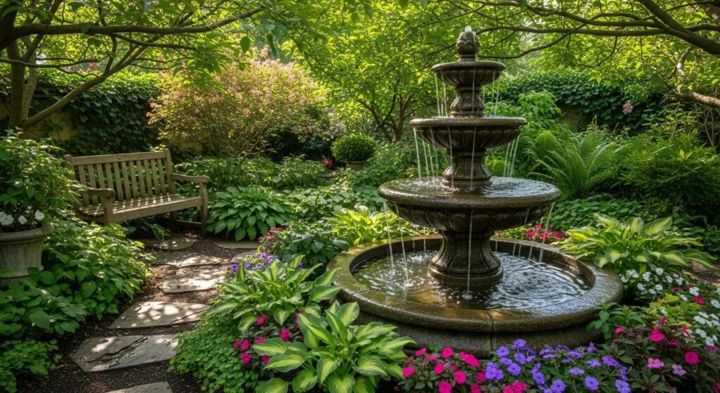 Tiered outdoor fountain with planting around it creating a calm garden corner