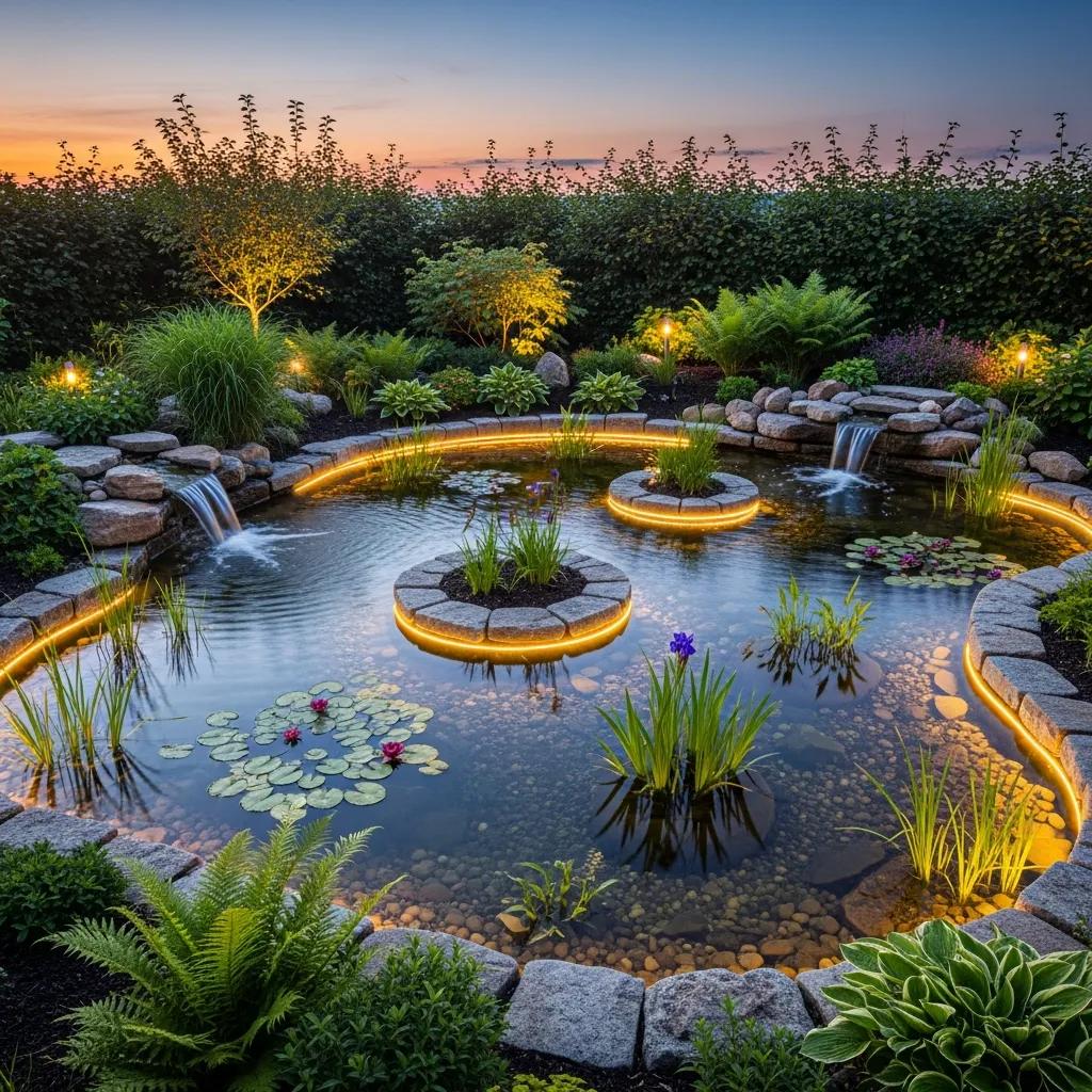 Modern garden pond with natural filtration and integrated lighting in a serene outdoor setting