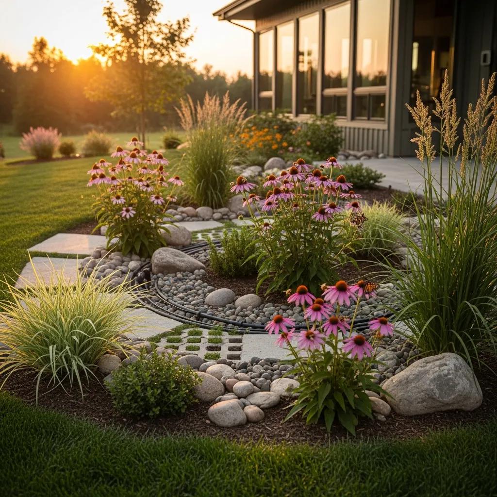 Rain garden with native, drought-tolerant plants and an efficient irrigation setup