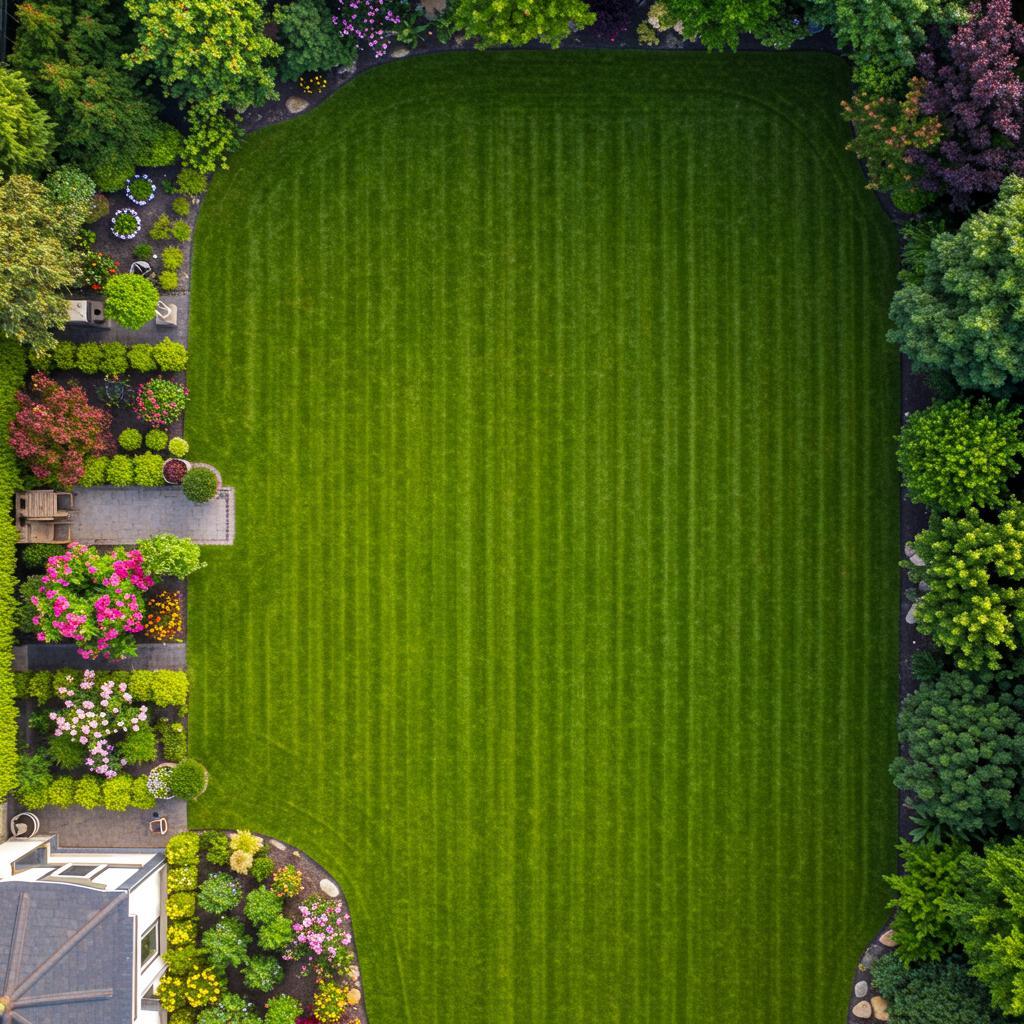 ### Key Elements
**Main Subjects**
- Lush green lawn
- Flower beds
**Notable Features**
- Symmetrical striped pattern on the lawn
- Varied plant life including shrubs and flowers
- Pathway leading to a patio
**Text or Symbols**
- No text or symbols present
### Overall Mood or Theme
The image conveys a serene and meticulously maintained garden space, emphasizing natural beauty and tranquility. The vibrant colors of the flowers contrast beautifully with the uniformity of the lawn, creating a harmonious and inviting outdoor environment.