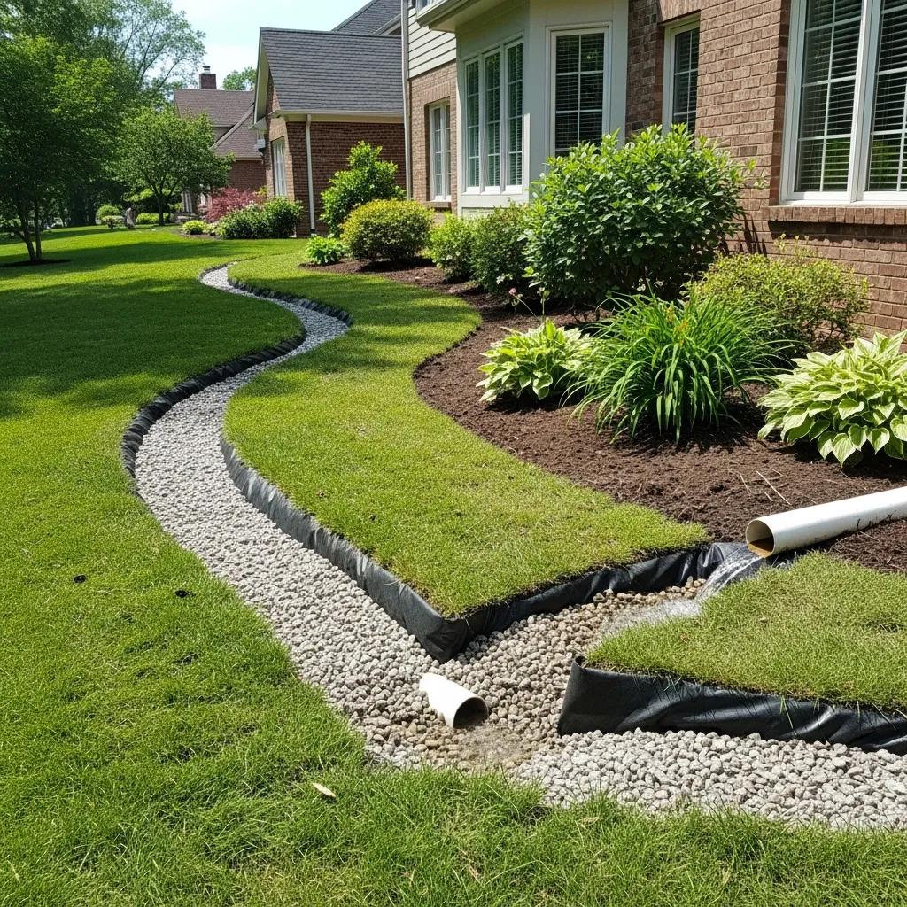 French drain installation preventing water damage in a residential backyard