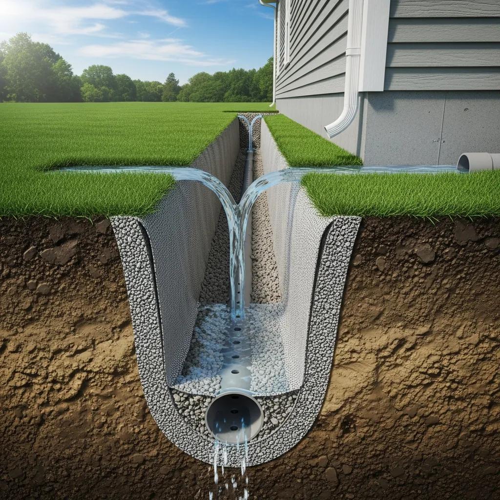 French drain system redirecting water away from a home's foundation