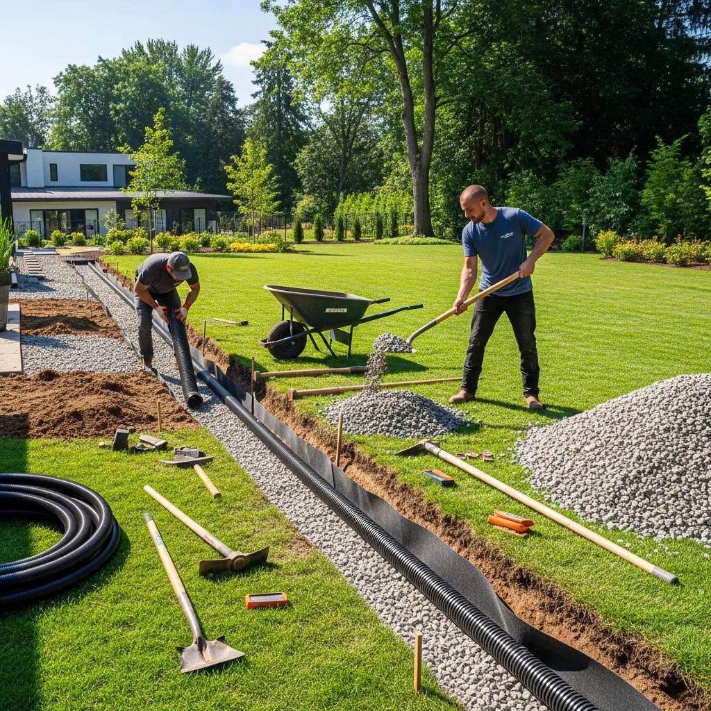 Installation of a French drain in a residential yard for effective drainage solutions