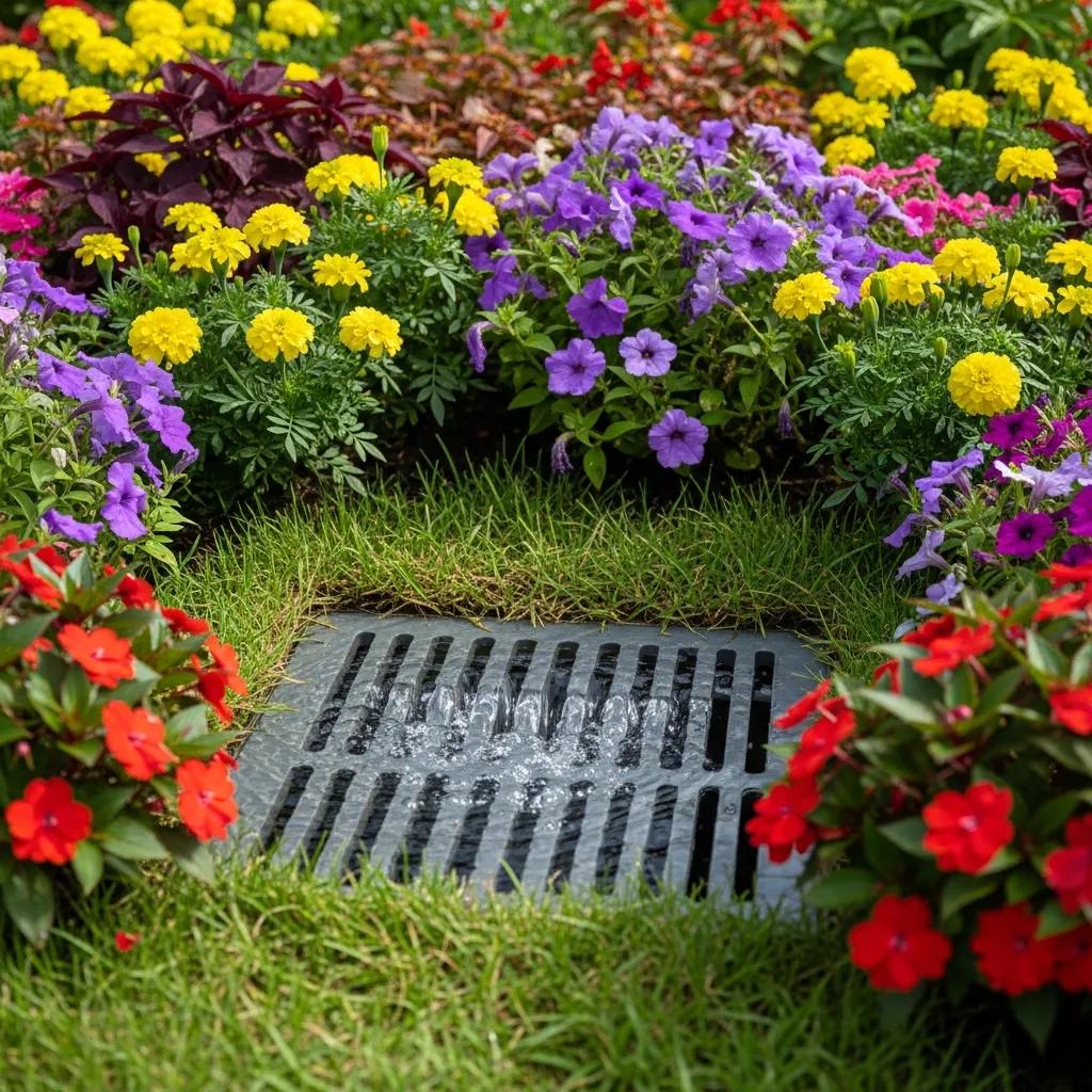 Surface drain capturing rainwater in a landscaped area