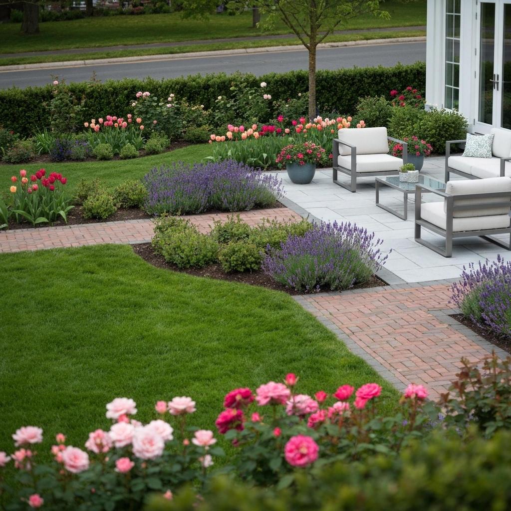 ### Key Elements

**Main Subjects:**
- Outdoor seating area with modern furniture
- Flower beds with colorful tulips and roses
- Lavender plants

**Notable Features:**
- Paved pathways made of bricks
- Lush green lawn
- Well-maintained garden layout

**Text or Symbols:**
- None present in the image

### Overall Mood or Theme
The image conveys a serene and inviting atmosphere, highlighting the beauty of a well-kept garden. The vibrant flowers and comfortable seating suggest a peaceful outdoor retreat, perfect for relaxation and enjoyment of nature.