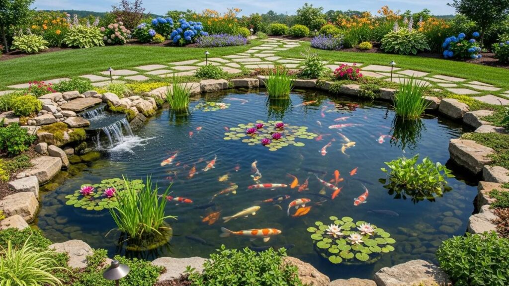 A stunning aquascape pond with koi fish, vibrant plants, and a gentle waterfall, enhancing outdoor living spaces
