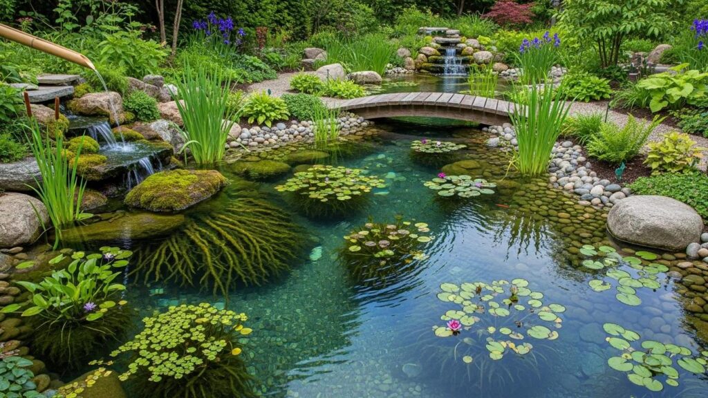 An eco-friendly aquascape showcasing natural filtration and sustainable landscaping features