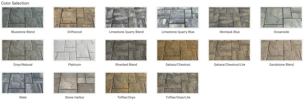 Color selection for patio paver options including Bluestone Blend, Driftwood, Limestone Quarry Blend, and more, showcasing various textures and shades for outdoor landscaping projects.