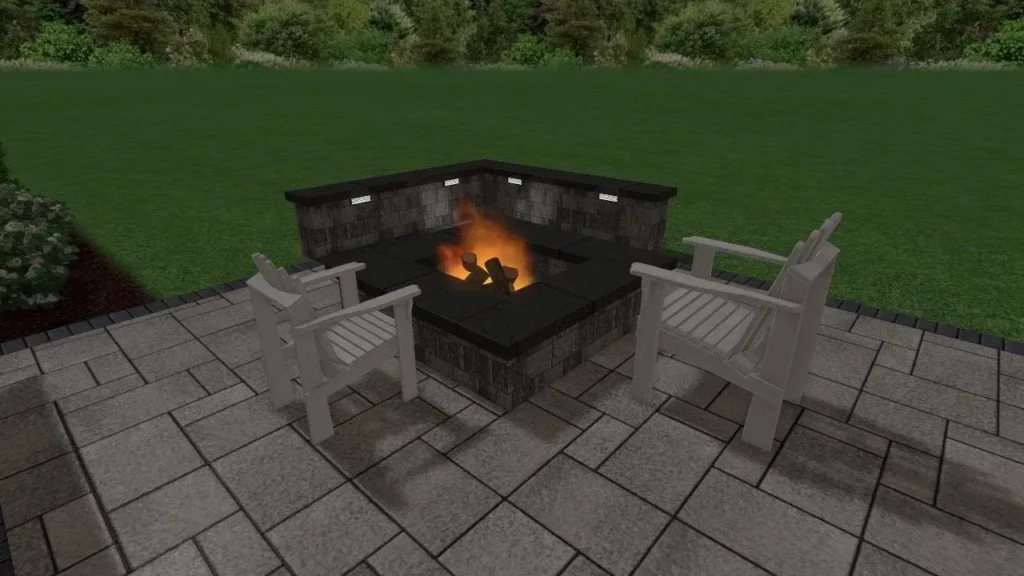 Patio firepit with seating, featuring a square firepit surrounded by stone walls, set on a paved patio, showcasing outdoor living options from Cut Above Landscaping, Inc.