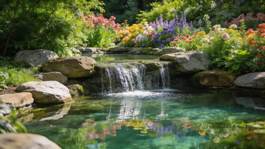 Beautiful pond with waterfall in a garden, showcasing its tranquil beauty and enhancing outdoor aesthetics