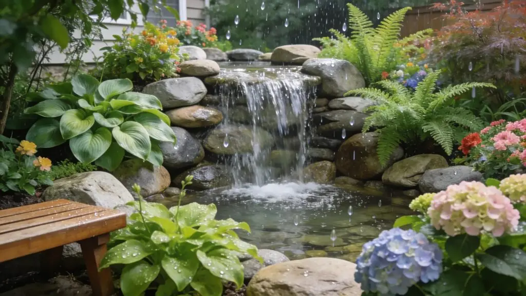 Aesthetic pondless waterfall in a lush garden highlighting sustainable landscaping