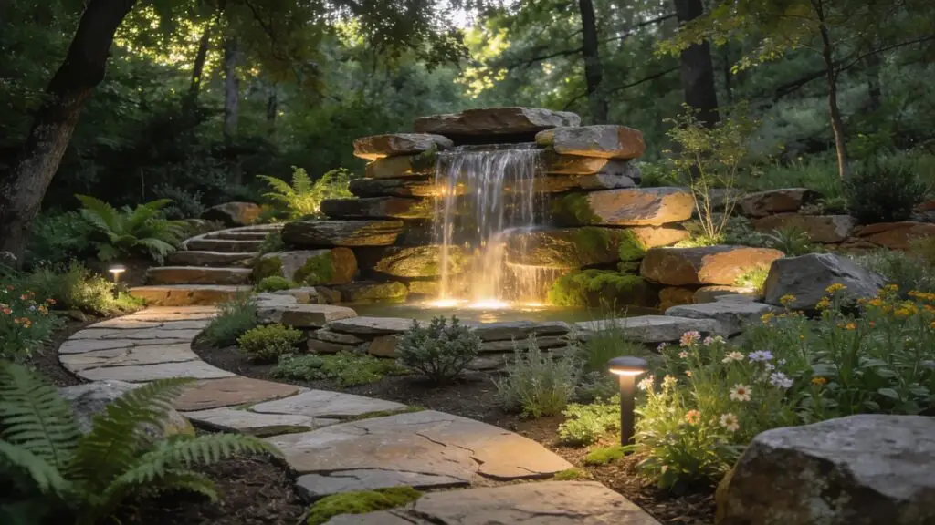 Sustainable landscaping design featuring pondless waterfall, natural stones, and native plants