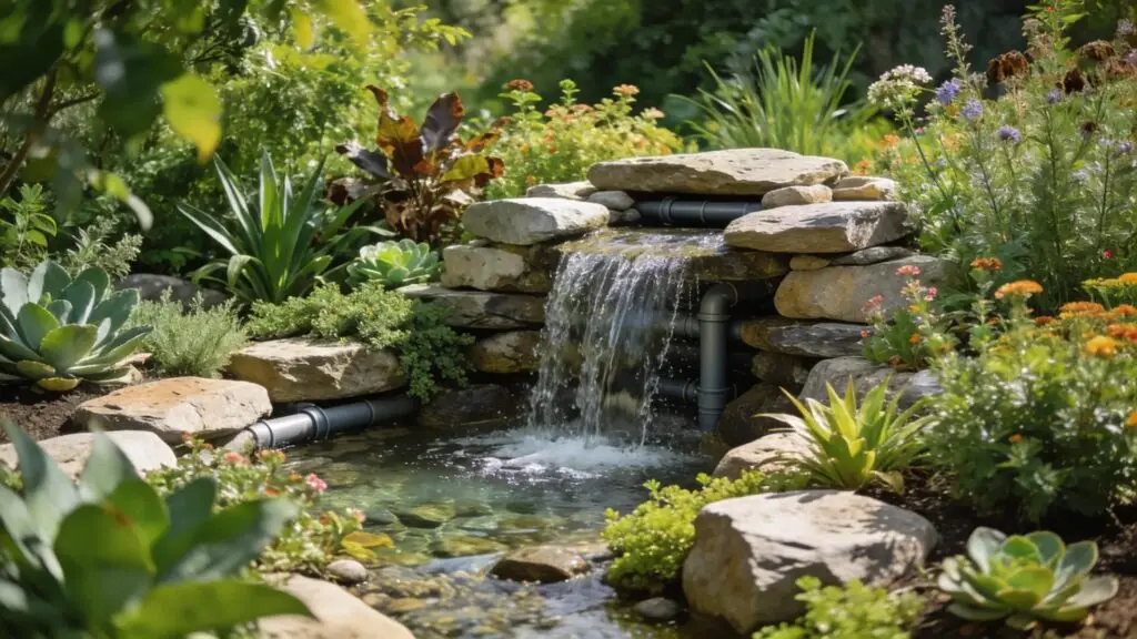 Pondless waterfall surrounded by native plants showcasing eco-friendly landscaping practices