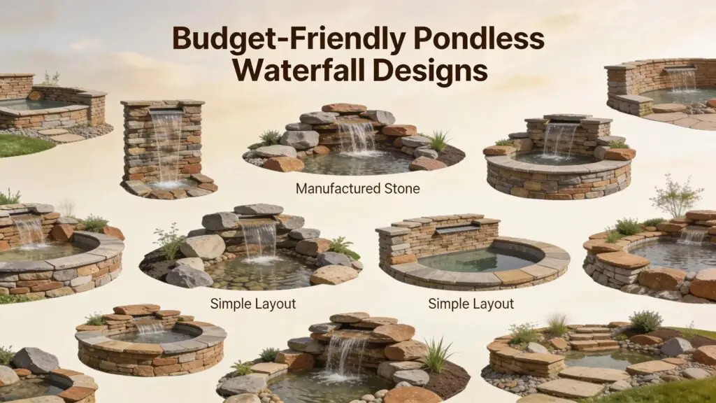 Various budget-friendly pondless waterfall designs and layouts featuring manufactured stone and simple designs.