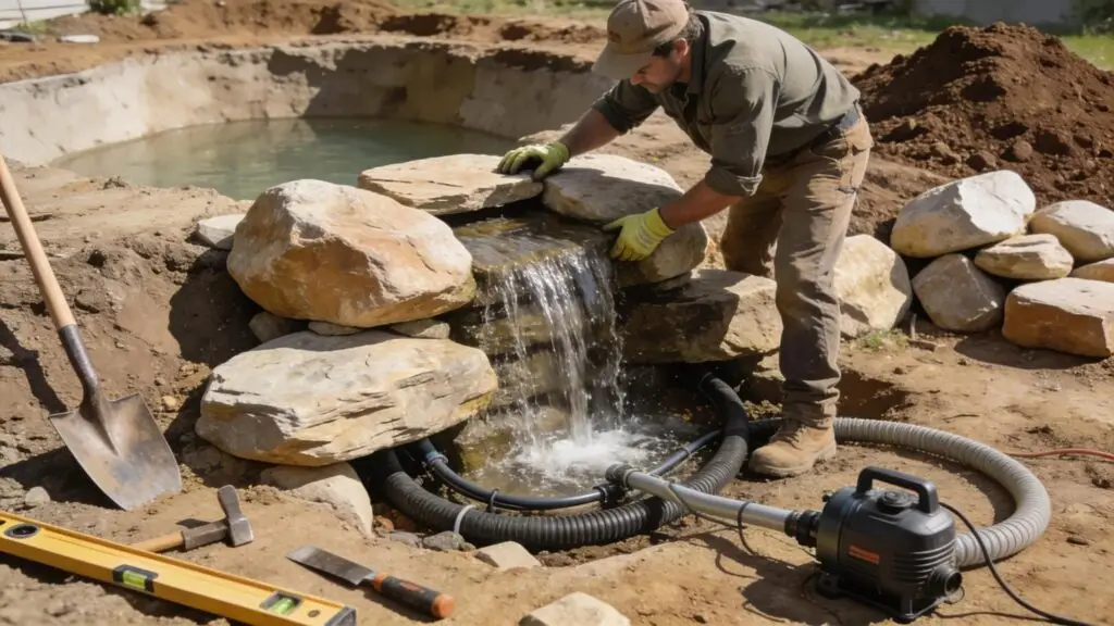 Landscaper installing pondless waterfall with natural stone and pump system.