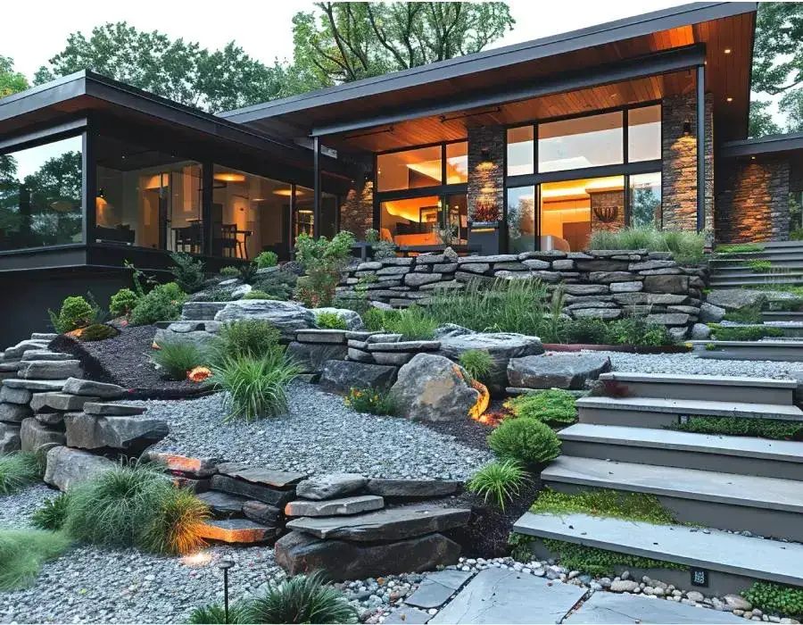 A sleek concrete block retaining wall in a modern garden
