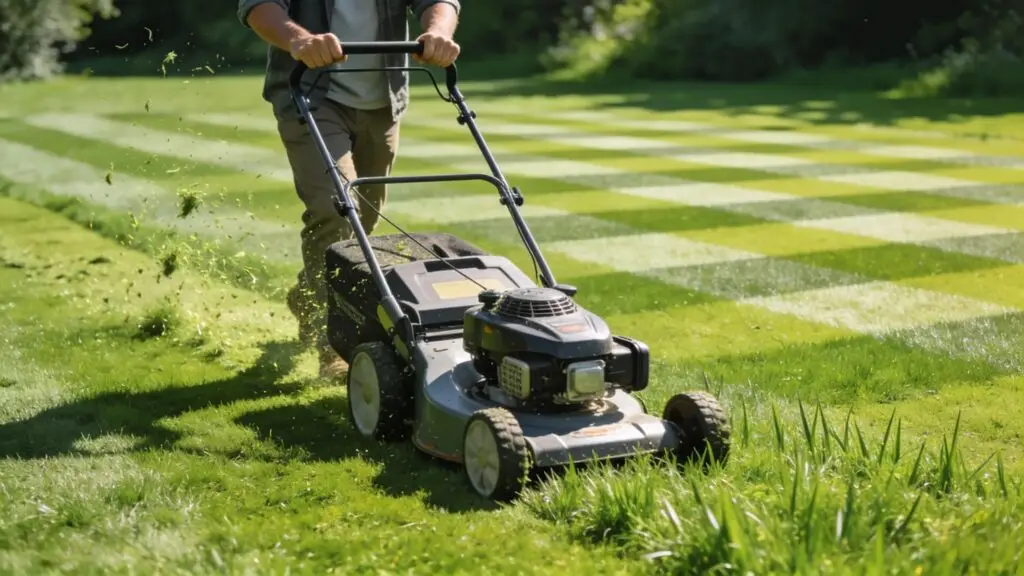 Lush green lawn with a person mowing, showcasing effective lawn care practices