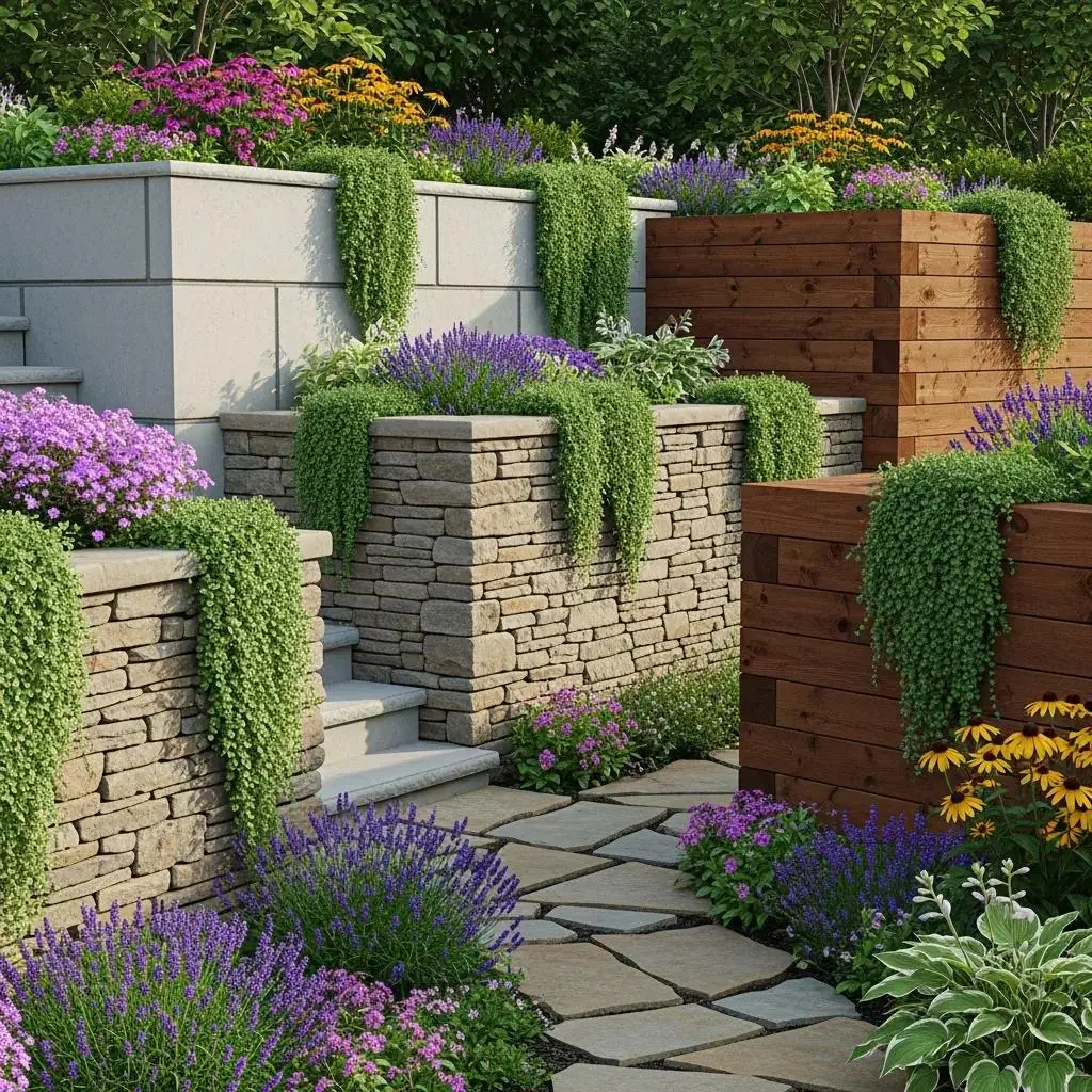 Diverse retaining wall materials in a landscaped garden showcasing concrete, stone, and timber
