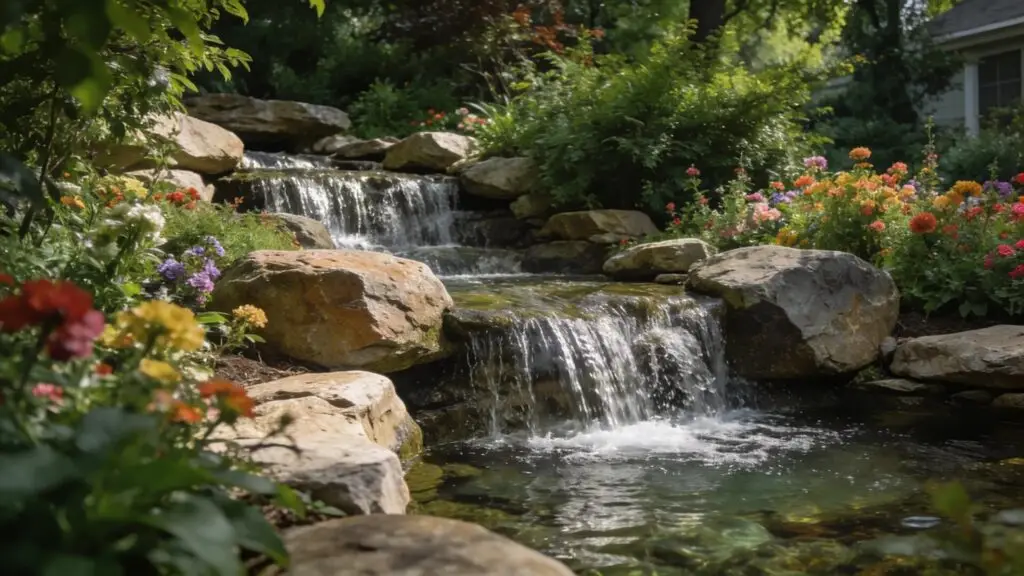 Pondless waterfall in a garden setting surrounded by flowers and greenery