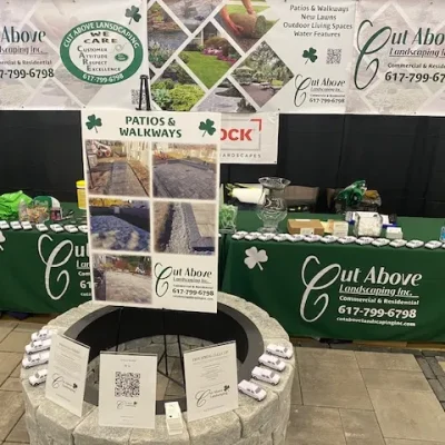 Cut Above Landscaping Inc. display showcasing patios, walkways, water features, and promotional materials at a home show.
